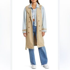 Blank NYC Double-Breasted Trench Coat Womens Medium Blue Tan First Row NWT
